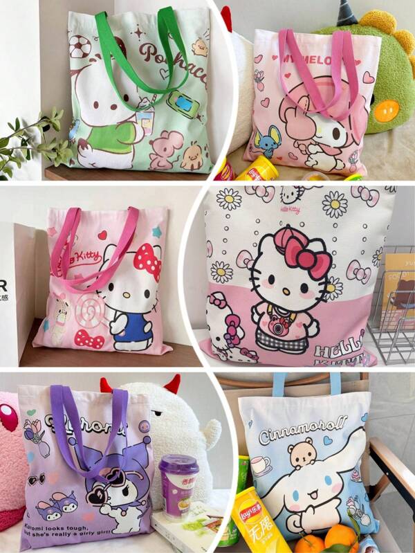 Hello Kitty, Cinnamoroll,Pochacco 1pc Supply List Japanese Kt Cat Cartoon Hello Kitty Canvas Bag Fresh And Simple Shoulder Bag Class Hand-Held Canvas Bag, Cute Cartoon Large Capacity Handbag Shopping Storage Bag Tutoring Bag Small Gift Prizes,Birthday Gift,Makeup Bag,Hello Kitty Items
