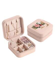 1pc Mini Floral Alphabet Jewelry Storage Box, A-Z Gold Letters, Portable Zipper Travel Jewelry Storage Box, Gift Box For Women, Multi-Function Jewelry Display Stand For Rings, Pendants, Earrings, Necklaces, Etc. - Suitable For Women, Mother, Girlfriend, Valentine's Day Gift Box.