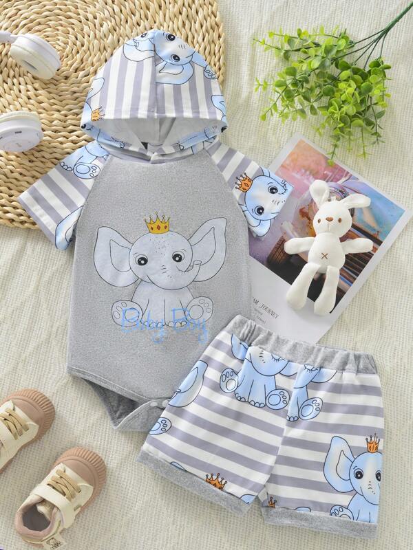 Baby Baby Elephant Stripe Print Hooded Short-Sleeved Top Shorts Shorts Two Pieces Top All-Over Printed Trousers