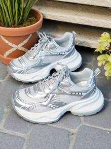2025 Novo Tênis Chunky Prateado, Sapato Casual de Sola Grossa e Plataforma, Mesh Respirável, Estilo de Rua da Moda, 2 Cores Disponíveis