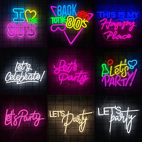 I Love The 80's/Back Tothe 80's/This Is My Happy Place/Let'S Celebrate/Let'S Party Neon Sign, Neon Signs For Wall Decor, USB Connectivity LED Signs For Themed Party Decor,For Party, Bar, Bedroom, Wedding, Man Cave, Birthday Party, Homes, Club, Game Room, Bachelorettle Party Decor, Comes With Accessories, And Is Easy To Install.