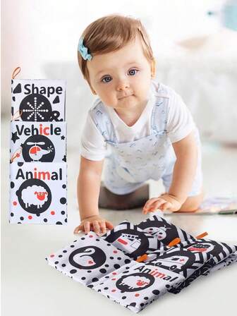 Black And White High Contrast Children's Soft Cloth Book, Children's Travel Toy, 0-3 Year Old Children's Gift, Children's Sensory Toy, Soft Cloth Book, Baby Book, Bath Book, Baby, Toddler, Wrinkles, Squeaking Sound, Washable, Chewable, Early Education Gift