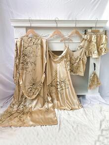 Pigiama stampato da donna color champagne, set da 4 pezzi, abito sottoveste, gonna, vestaglia, pantaloncini, accappatoio, kimono, abbigliamento da notte e abbigliamento per la casa. - Champagne - Visualizzare 3