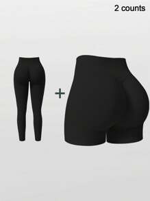 NcmRyu 2 Stück Damen Einfarbige vielseitige nahtlose Taillenhose mit Bauchkontrolle und Lifting Sport Leggings & Shorts