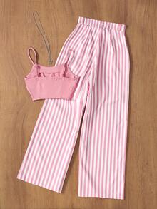 Women Casual Striped Button Camisole And Solid Striped Pants 2 Pieces Outfit, Suitable For Commuting, Spring/Summer - Pink and White - View 2