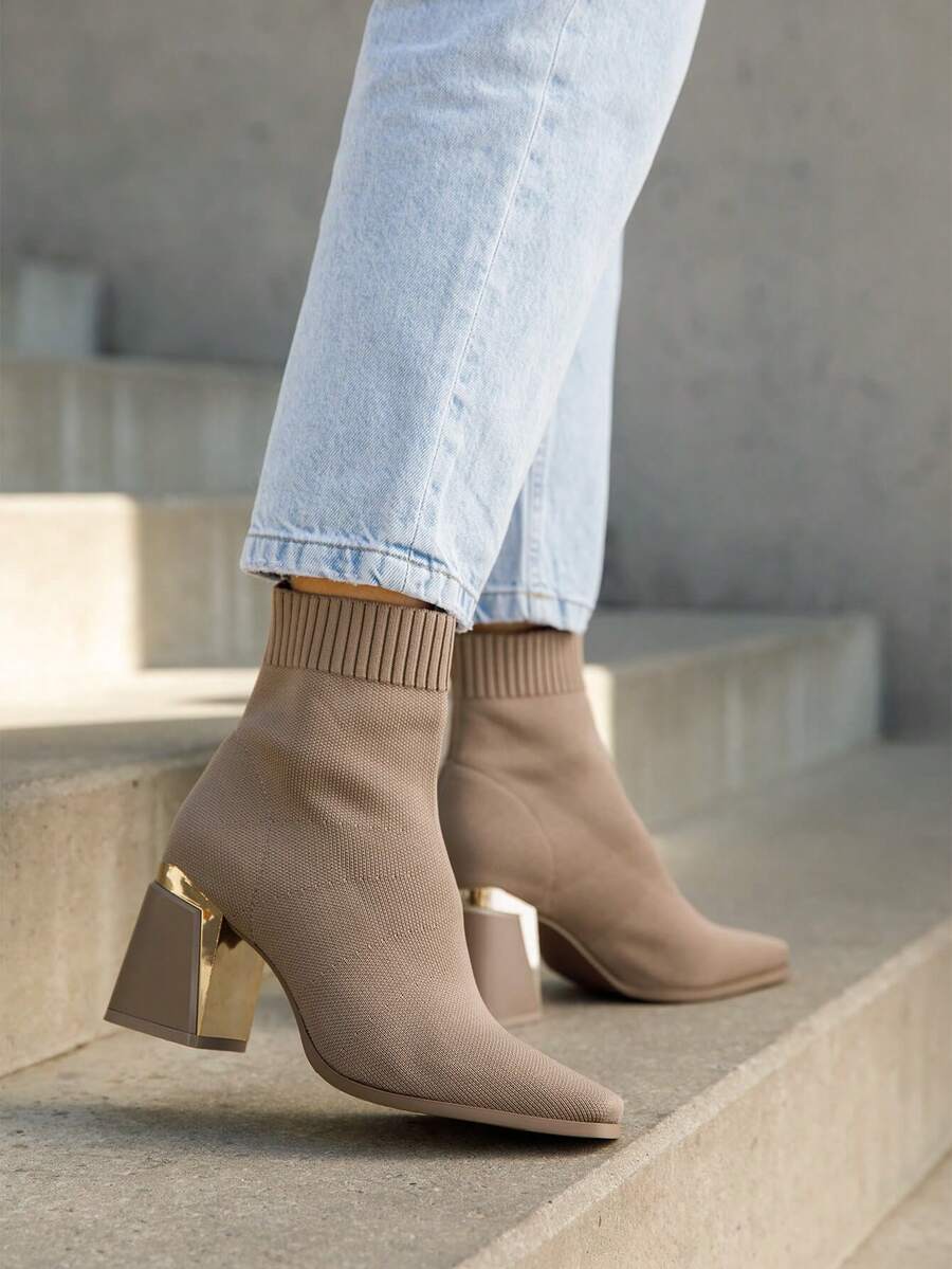 Women's Solid Color Pointed Toe Zipper Fashion Mid-Calf Boots With Buckle - TAUPE - View 1