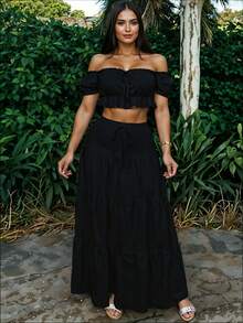 Conjunto de Dos Piezas con Top de Hombros Descubiertos Fruncido y Falda Larga con Volantes y Lazo Casual para Mujer Primavera / Verano - Negro - Ver 1