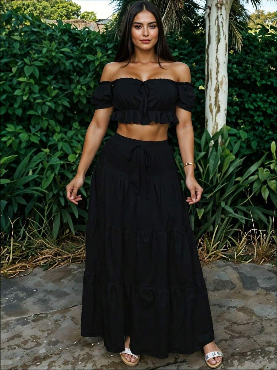 Conjunto de Dos Piezas con Top de Hombros Descubiertos Fruncido y Falda Larga con Volantes y Lazo Casual para Mujer Primavera / Verano - Negro - Ver 1