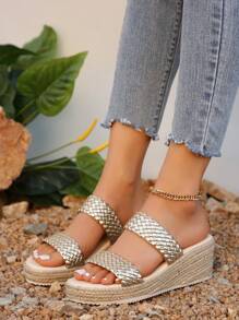 Women's Thick Sole Straw Rope Woven Summer Beach Vacation Casual Fashion Slip-On Platform Wedge Sandals