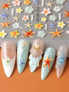 Ocean Life 5D Embossed Nail Art Stickers Decals, 2 Sheets Starfish Seashell Jellyfish Hibiscus Flowers Self Adhesive Nail Decals Summer Sea Theme Nail Supplies For Women Girls DIY Manicure Decor - Multicolor - View 4