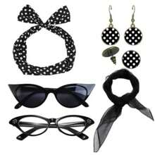D EXCEED 6PCS Vintage 1950s Women's Accessory Collection | Retro-Inspired Prop Cat-Eye Glasses, Scarf Collar Headbands & Silk Hair Scarves With Polka Dot Stud Earrings - Perfect For Vintage-Themed Parties & Events