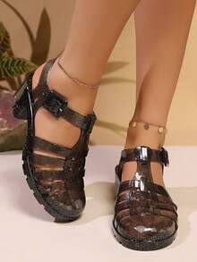 Kristall Jelly Cut Out Keilsandalen, Geschlossene Zehen Plateau Geflochtene Römersandalen für Mädchen, Sommer