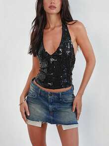 Women Sequin Halter Tank Top Y2K Sparkly Sleeveless Deep V Neck Crop Slim Fit Vest Crop Tops Summer Backless Bling Glitter Low Cut Shirts Going Out Tops Party Clubwear - 黑色 - 查看 4