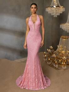 Faeriesty Elegante abito da sera in pizzo con collo a canottiera e profondo scollo a V - Corpetto strutturato, silhouette a sirena a coda di pesce, strascico lungo - Abito da cerimonia per gala, banchetti di matrimonio, balli di fine anno e feste di alto livello