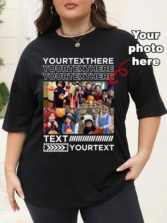 Camiseta holgada personalizada de talla grande para mujer en Halloween, sube tu foto/foto de grupo/foto de mascota/foto de equipo, personaliza tu texto/deseos de cumpleaños/citas divertidas/lemas, camiseta holgada de talla grande para mujer, camiseta gráfica personalizada, ropa de otoño, top negro para mujer, disfraz de Halloween, regalo del Día de San Valentín, regalo de cumpleaños, regalo para la mejor amiga, top de verano para mujer