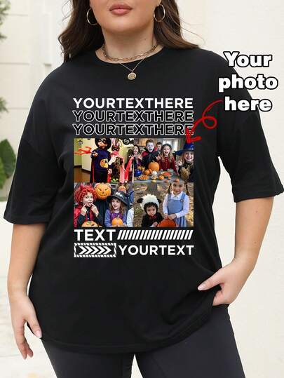 Camiseta holgada personalizada de talla grande para mujer en Halloween, sube tu foto/foto de grupo/foto de mascota/foto de equipo, personaliza tu texto/deseos de cumpleaños/citas divertidas/lemas, camiseta holgada de talla grande para mujer, camiseta gráfica personalizada, ropa de otoño, top negro para mujer, disfraz de Halloween, regalo del Día de San Valentín, regalo de cumpleaños, regalo para la mejor amiga, top de verano para mujer