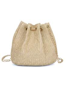 New Straw Shoulder Bag, Fashion Metal Chain Straw Crossbody Bag, Stylish Lightweight Mini Messenger Bag For Women With Metal Lock Accent