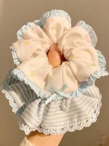 1pc Blue Bowknot Lace Trim Hair Scrunchie, Korean Style Large Messy Bun Hair Tie, Polyester Scrunchies Scrunchy Hair Ties