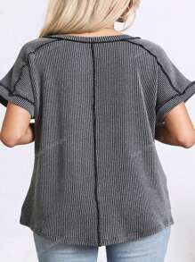 Plus Size Women's Summer Tops V Neck T-Shirt Ribbed Cap Short Sleeve Casual Blouse