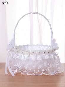 1pc White Flower Girl Basket For Wedding (White Style With Random Floral Pattern) (Due To The Variety Of Styles, All Are Handmade, And The Actual Item May Differ Slightly From The Detailed Photos, Please Refer To The Received Physical Product) - White - View 4