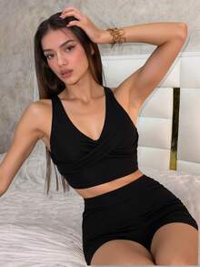 Conjunto De Tankini De Espalda Cruzada Descubierta De Unicolor, Para Playa En Verano,Bikini,Traje De Baño 2 Piezas,Trajes De Baño Mujer Dos Piezas,Trajes De Baño Mujer - Negro - Ver 4