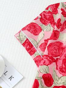 2pcs Set Comfortable Pink Rose Print Lapel Button Short Sleeve Top With Pocket And Bow Shorts Women Pajamas Loungewear Set, Suitable For Home Use, Spring/Summer