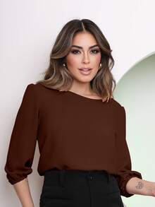 MARILYN MONNA Women's Blouse Tailored Simplicity Elegant Social Basic Crepe 3/4 Princess Sleeve Tamires - 棕色 - 查看 1