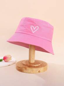 1pc Vintage Solid Color Heart Embroidery Kids Bucket Hat, Outdoor Sports Travel Sun Protection Sunscreen Bucket Hat For Boys And Girls