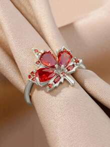 Gift Box Set Luxury Ruby Maple Leaf Shaped Open Band Ring, Sparkling Cubic Jewelry Suitable For Women, Engagement, Party, Festival Gift