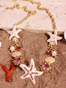 1pc Fashionable Exquisite Luxury Versatile Cute Creative Quirky Unique Shiny Bohemian Style White Starfish & Shell Necklace For Women, Suitable For Summer Beach, Party, Commute, Holiday, Vacation