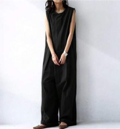 オールインワン サロペット レディース オーバーオール ロングパンツ ワイドパンツ 長ズボン ガウチョパンツ ノースリーブ カジュアル ゆったり 可愛い 体型カバー フリーサイズ 2色 普段着