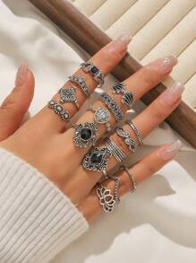 Set de 15 anillos de mujer con grandes gemas con diseño de flor y hoja calados en estilo vintage exagerado, accesorio de joyería para uso diario, ideal como regalo de San Valentín