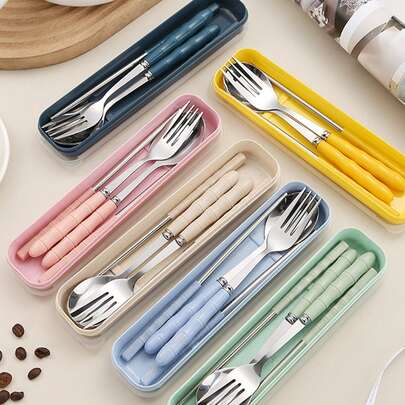 3件套不锈钢可重复使用餐具套装，适合野餐、露营、家庭旅行、工作、户外活动、厨房、用餐、学生、旅行、露营、办公室、节日礼物