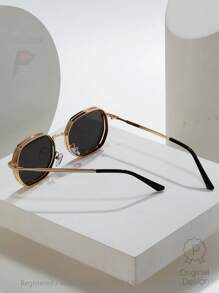015068863-0009-SX2358 1 buc Ochelari de soare geometrici metalici de vară pentru bărbați, ochelari stil stradal la modă, negri/aurii/argintii/maro, ramă mai groasă cu orificii de ventilație, vine cu husă din piele PU sau hârtie (aleatoriu) Look preppy la modă pentru întoarcerea la școală