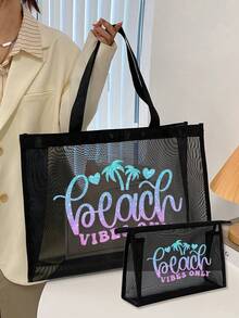 Set de 2 bolsas de red de gran capacidad, bolsa de playa con estampado degradado brillante de palmera, bolsa de playa de malla, bolsa de almacenamiento de cosméticos de malla, bolsa de playa plegable impermeable, bolsa de hombro de playa de malla con decoración de letras para mujer, bolsa de regalo personalizada, bolsa de cosméticos - Negro - Ver 13