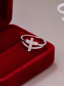 1pc Elegant & Geometric Cross & Heart Zirconia Ring, Suitable For Women/Men, Couples, Valentine's Day Gift, Daily Outfit, Party Accessory