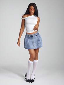 Jeanoix Denim Rock mit Lässig Knopfleiste, plissiertem Detail und Rohkante-Abschluss - Mittele Waschung - Übersicht 7