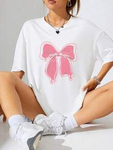 Camiseta de manga corta con cuello redondo y estampado de lazos para mujer, top deportivo informal - Blanco - Ver 1