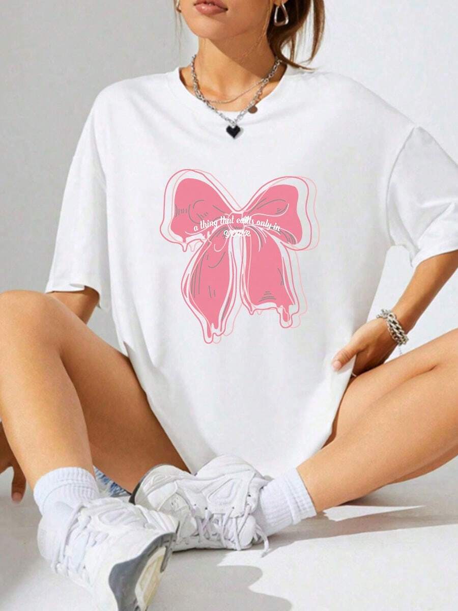 Camiseta de manga corta con cuello redondo y estampado de lazos para mujer, top deportivo informal - Blanco - Ver 1