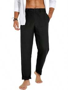 Sailwind Men's Summer Beach Linen Pants Casual Lightweight Elastic Waist Drawstring Loose Pants - Black - View 6