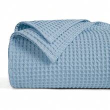 Entrega local - Manta de algodón lavada previamente con tejido de franela en tamaño queen para cama, manta de tiro a prueba de enganchones para sofá primavera-verano, ligera y transpirable, certificada Oeko-TEX, lavable a máquina, regalo de decoración del hogar- Blanca - Neblina azul - Ver 1