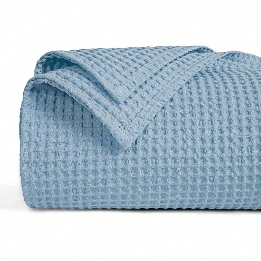 Entrega local - Manta de algodón lavada previamente con tejido de franela en tamaño queen para cama, manta de tiro a prueba de enganchones para sofá primavera-verano, ligera y transpirable, certificada Oeko-TEX, lavable a máquina, regalo de decoración del hogar- Blanca - Neblina azul - Ver 1