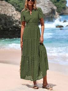 Women's Spring And Summer Maxi Dress Short Sleeve V Neck Hollow Out Eyelet A Line Long Flowy Wedding Guest Beach Vacation Dresses For Women - 軍綠色 - 查看 4