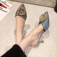 Mujeres Verano Exterior Desgaste Medio Chanclas French Rhinestone Tacones Altos Sandalias Baotou Tacón Fino - Azul - Ver 4