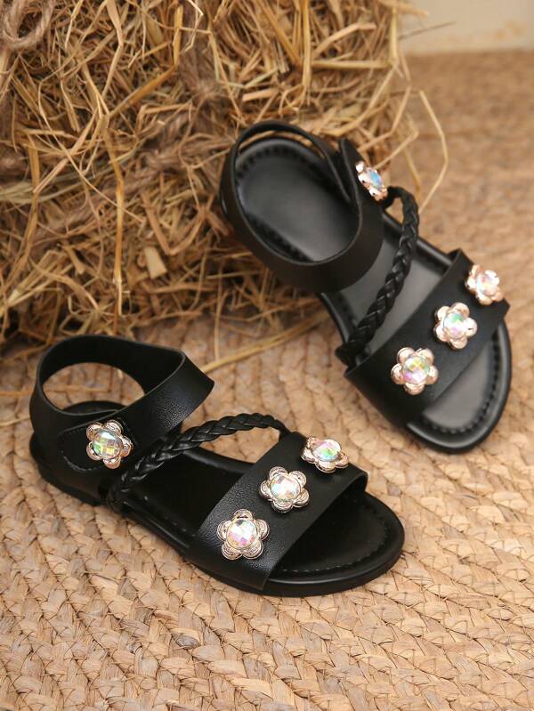 Zwarte sandalen met strass-steentjes voor meisjes - zomerschoenen, antislip casual slippers, modieuze strandsandalen voor kleine meisjes