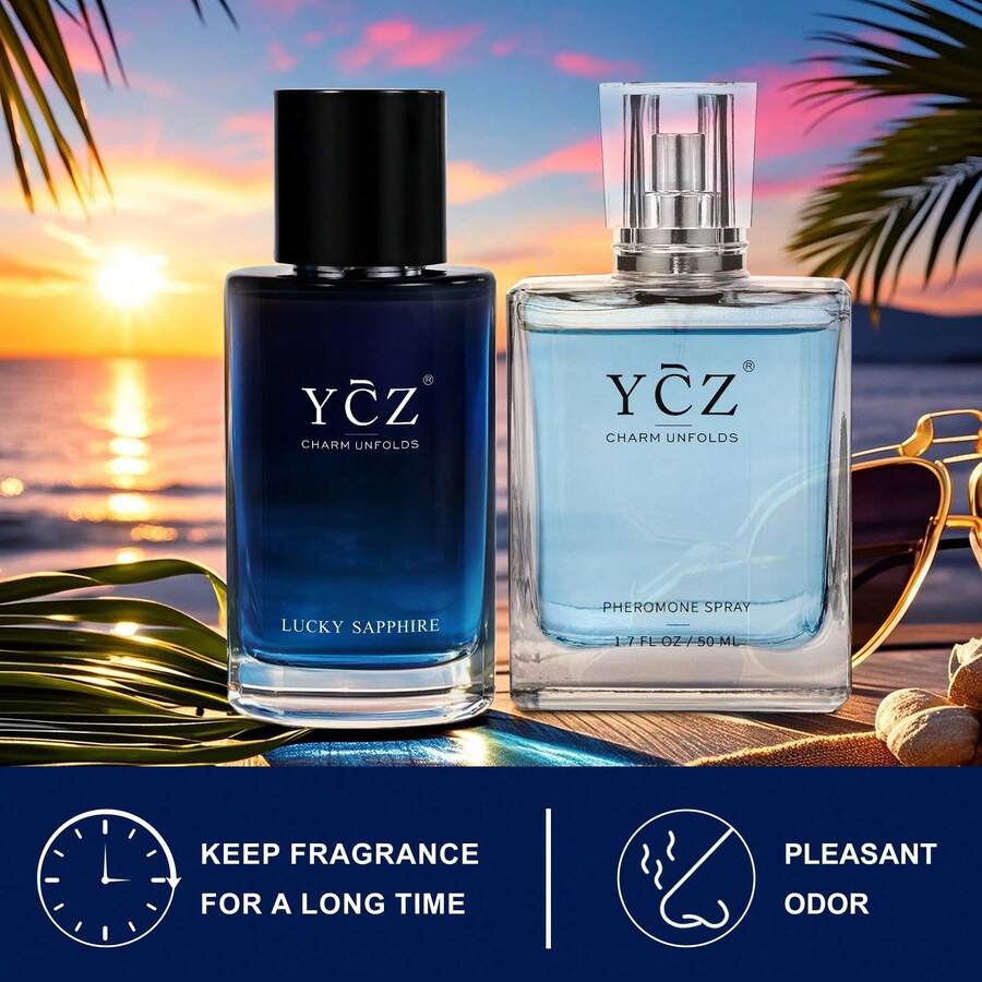YCZ Perfume Gift Set, Careful Men's Fragrance Set, Ocean Dragon Scent + Cupid Pheromone 2 * 1.7 FL. OZ, Father's Day/Boyfriend Birthday Gift | Business Meeting + Dating Gift - Blue + Treasure Blue - View 1