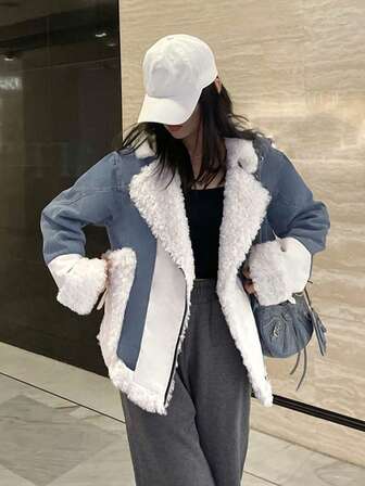 Sherpa Fleece Denim Jacket For Women, Thick Oversized Design, Suitable For Petite, Hong Kong Style, Winter