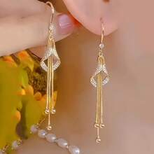 Elegant Crystal Tassel Earrings, Zinc Alloy Long Drop Earrings With Synthetic Diamonds, Brass Ear Pins, Suitable For Women 14 Years Old And Above - 金色 - 查看 4