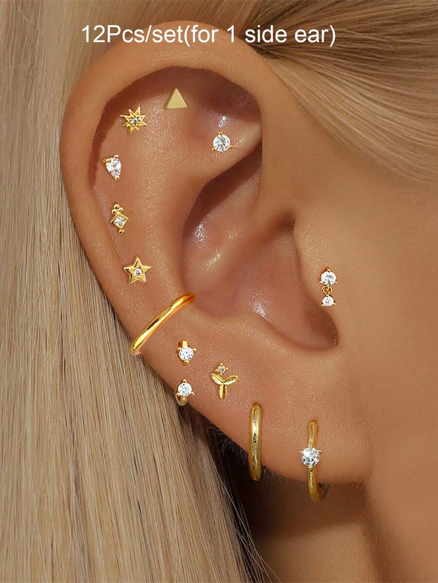 12 件/套耳环套装女士镀金耳环锆石耳钉耳环圈形耳环套装女士迷人珠宝配饰