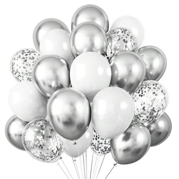24pcs/Set 10-Inch Elegant White, Metallic Silver And Shiny Silver Foil Balloon, Suitable For Wedding Decoration, Birthday Party Decor, Room Decoration, Bachelorette Party & Other Events